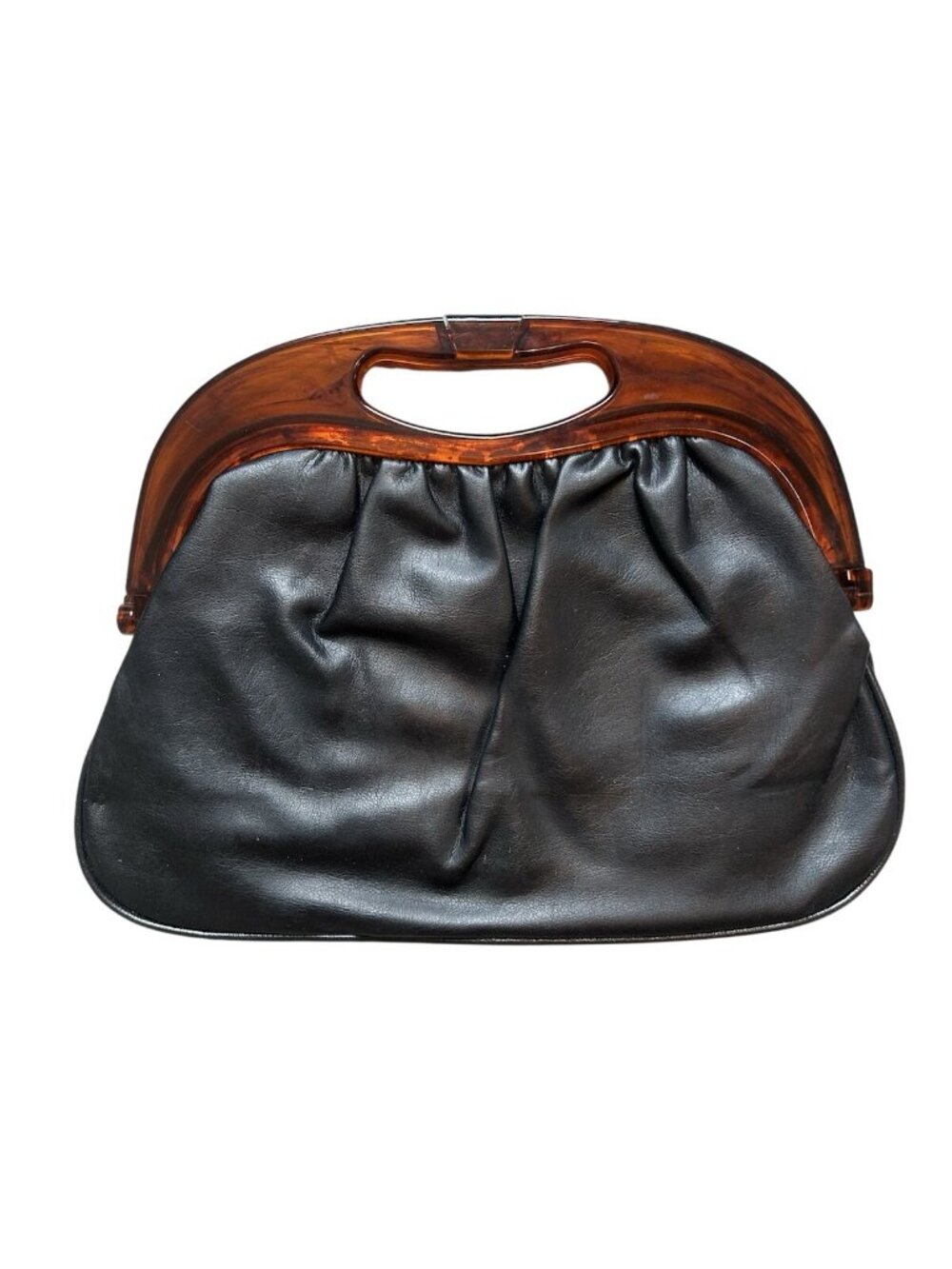 Vintage Black Leather Handbag Tortoiseshell Lucite Frame Clutch Purse Retro MCM - Picture 4 of 16